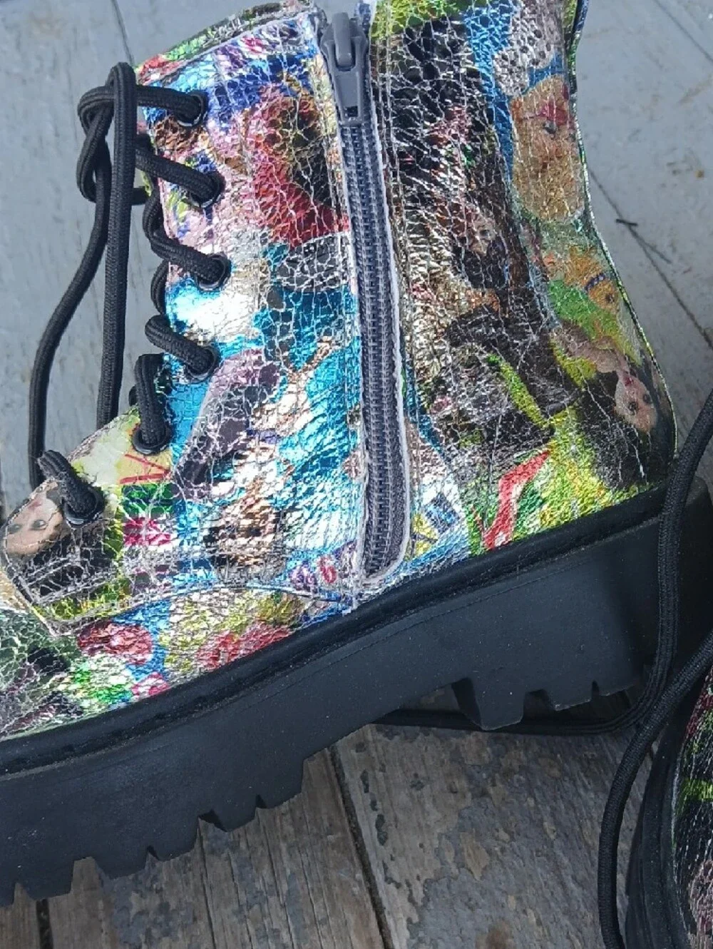 Colorful Metallic Graphic Lace-Up Combat Boots